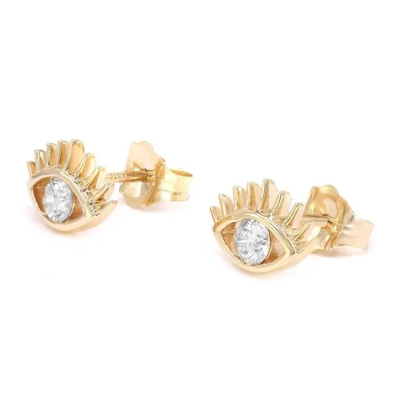 Rachel Koen Eye Lash Diamond Stud Earrings 14K Yellow Gold 0.19Cttw - Picture 4 of 4